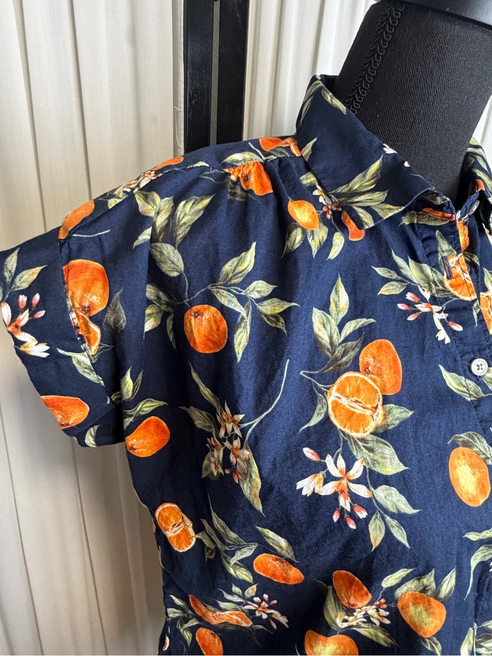 LOFT Navy Floral Print Petite Top with Orange Accent - Picture 2 of 7